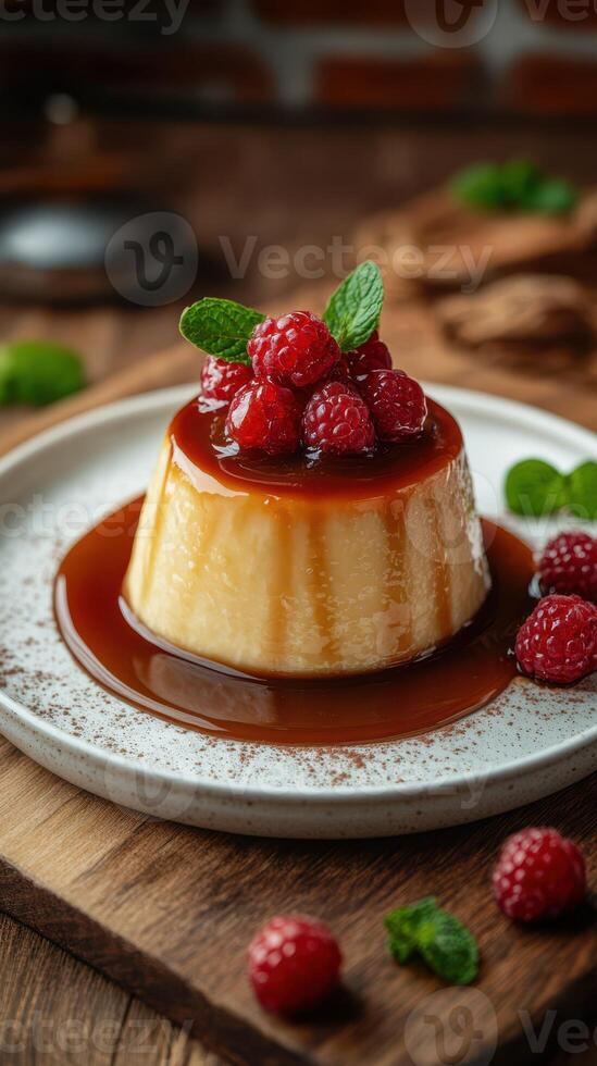 Creamy dessert topped with fresh raspberries and mint on a rustic wooden table photo