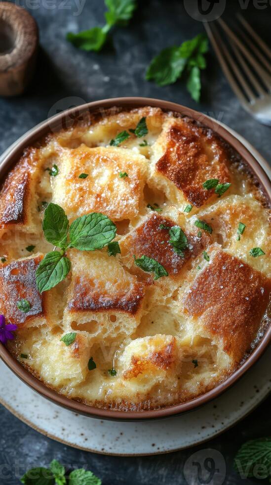 Delicious bread pudding topped with fresh mint leaves presented in a rustic setting photo