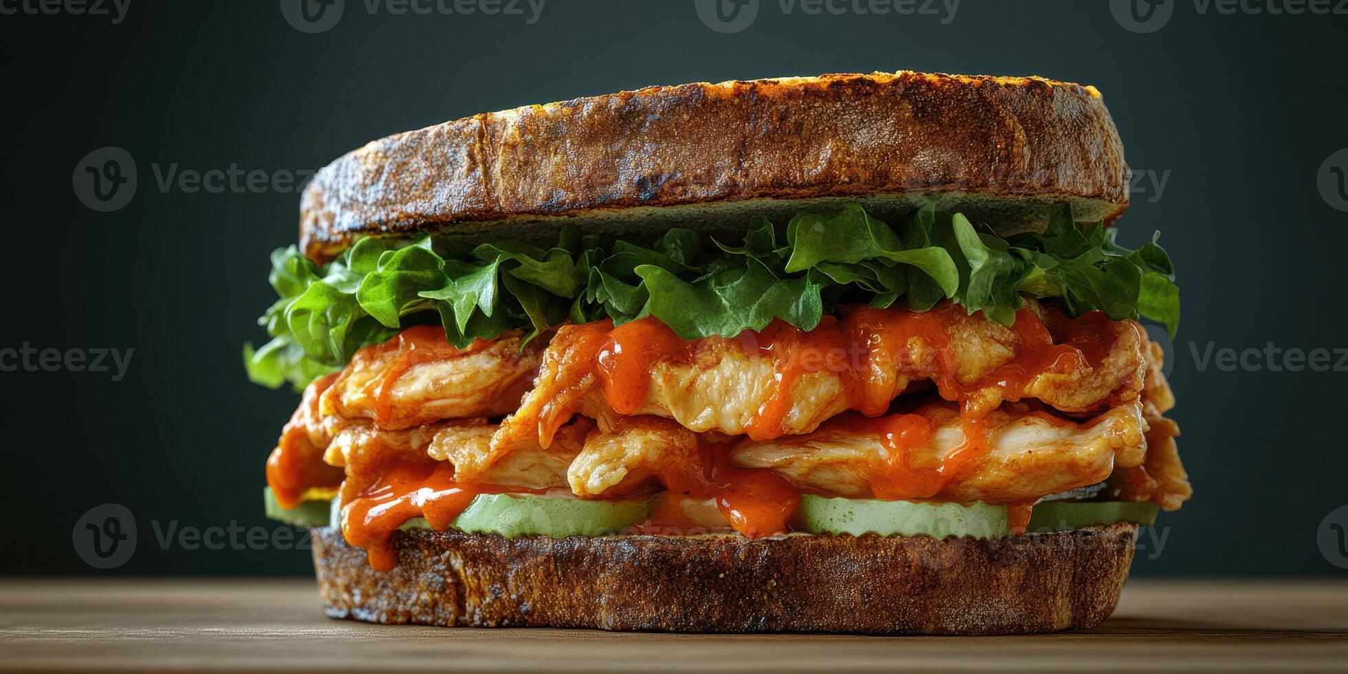 Delicious grilled chicken sandwich stacked with fresh lettuce and spicy sauce on whole grain bread photo