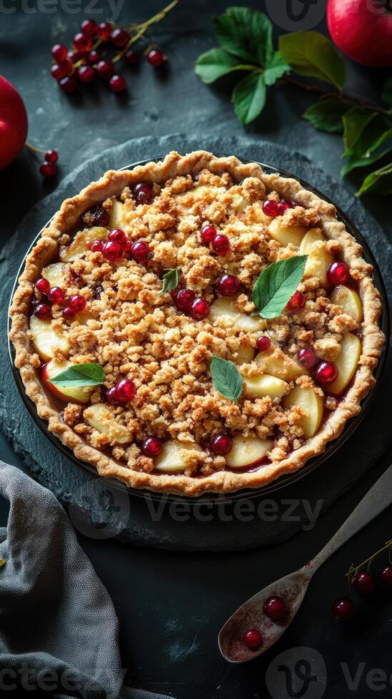 Freshly baked apple crumble pie topped with pomegranate seeds and mint leaves on a dark kitchen countertop photo