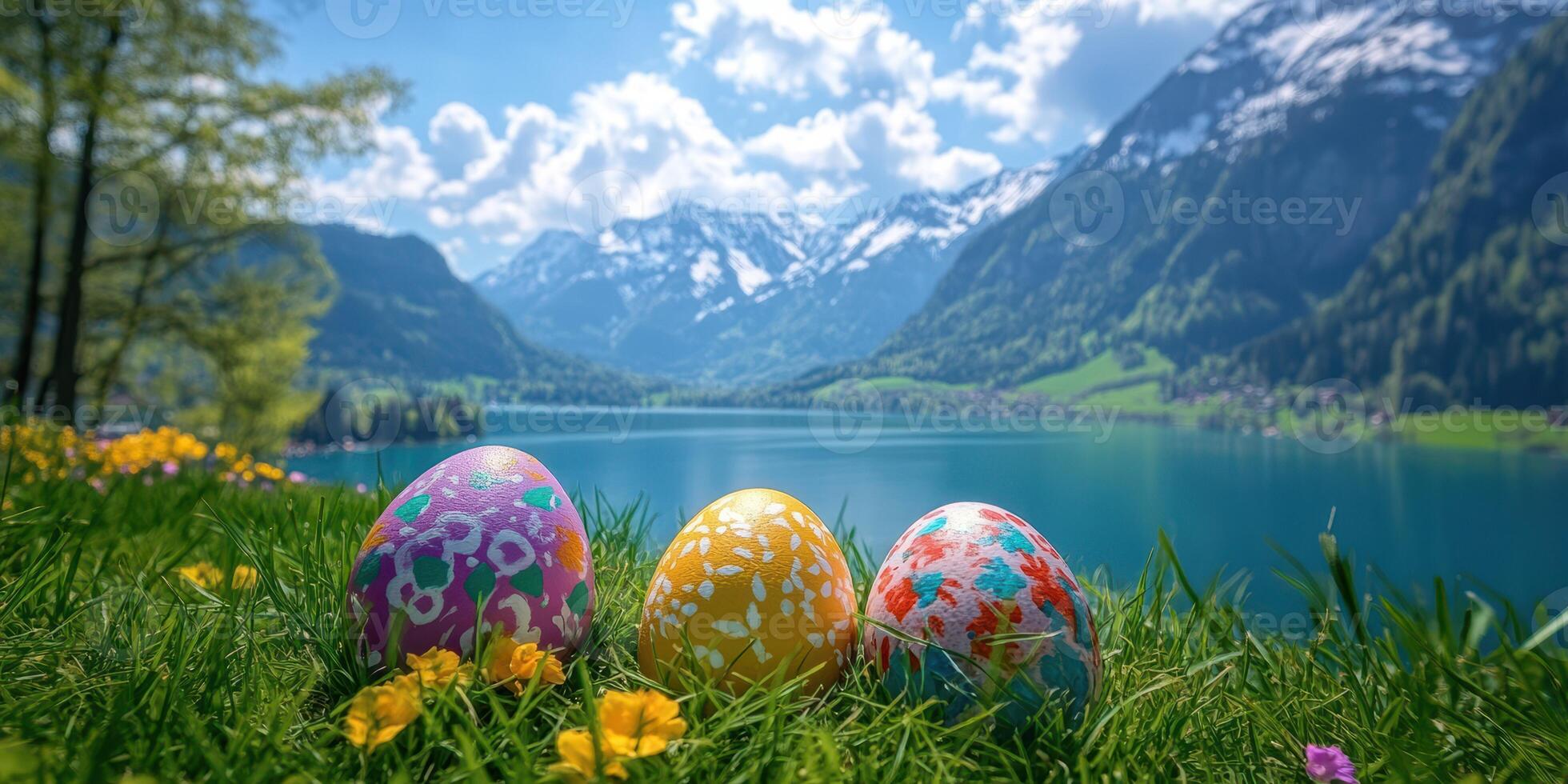 Colorful Easter eggs displayed on green grass by a serene lake surrounded by mountains on a sunny spring day photo