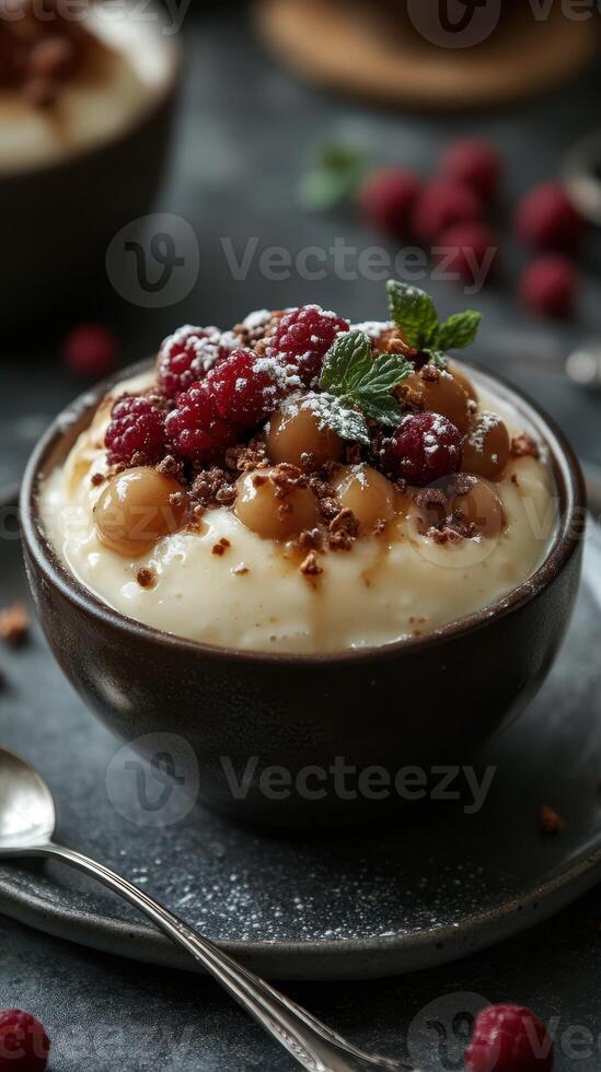 Creamy dessert with fresh berries and crunchy toppings served in a rustic bowl on a dark table photo