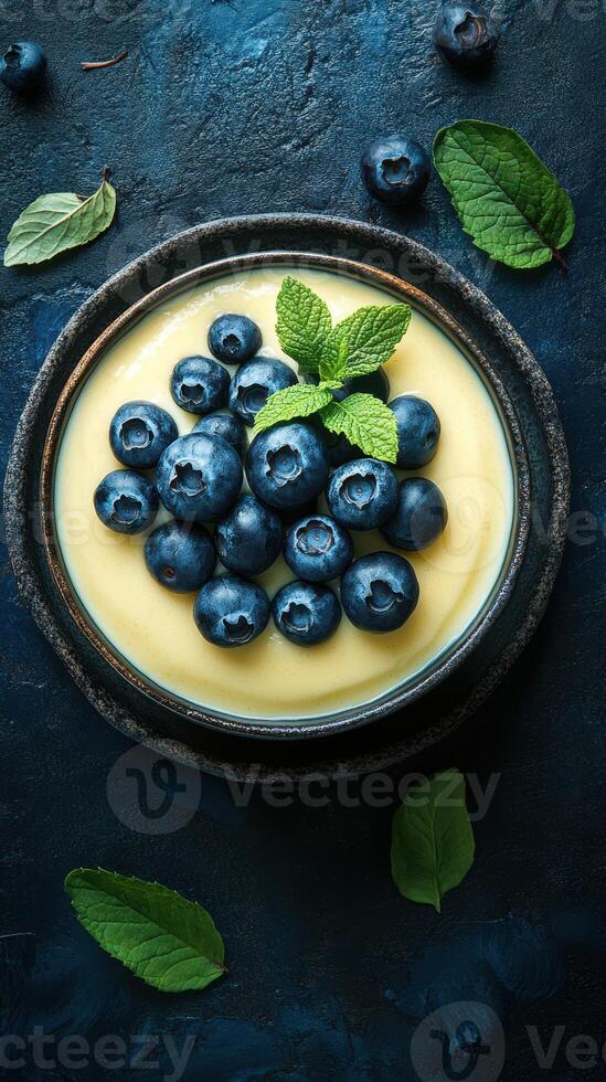 Delicious dessert featuring fresh blueberries and mint leaves on a creamy base photo