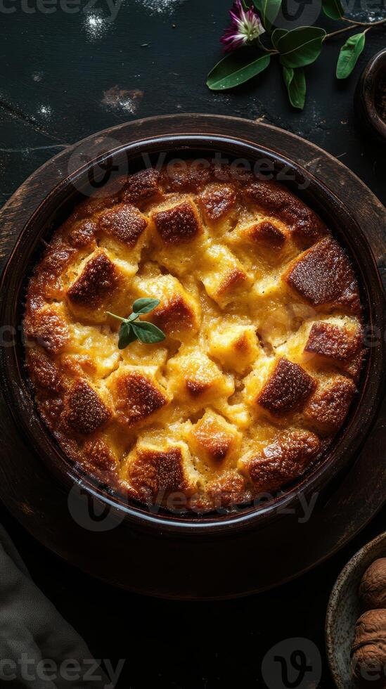 Delicious baked dish with golden crust and soft, fluffy texture, beautifully presented on a rustic table photo