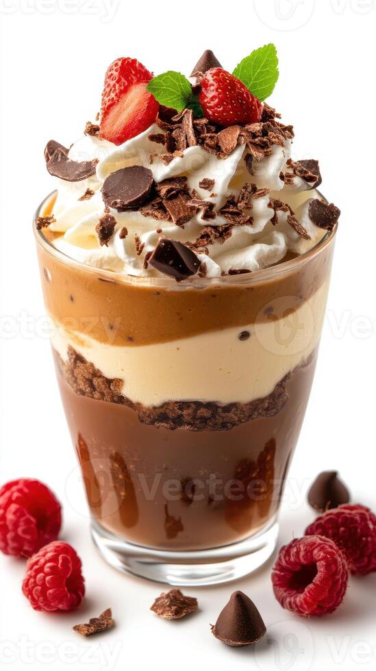 Indulgent layered dessert with chocolate, whipped cream, and fresh fruits in a clear glass photo
