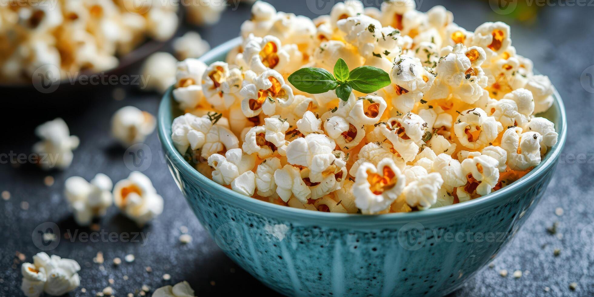 Freshly popped popcorn served in a vibrant blue bowl garnished with herbs on a textured surface photo