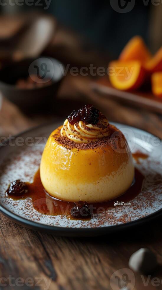 Decadent custard dessert topped with caramel and dark fruit preserves on rustic wooden table photo