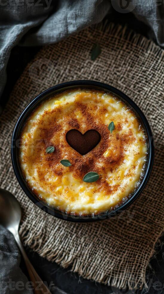 Creamy dessert topped with heart design made from cocoa and herbs on rustic fabric close to silver spoon photo