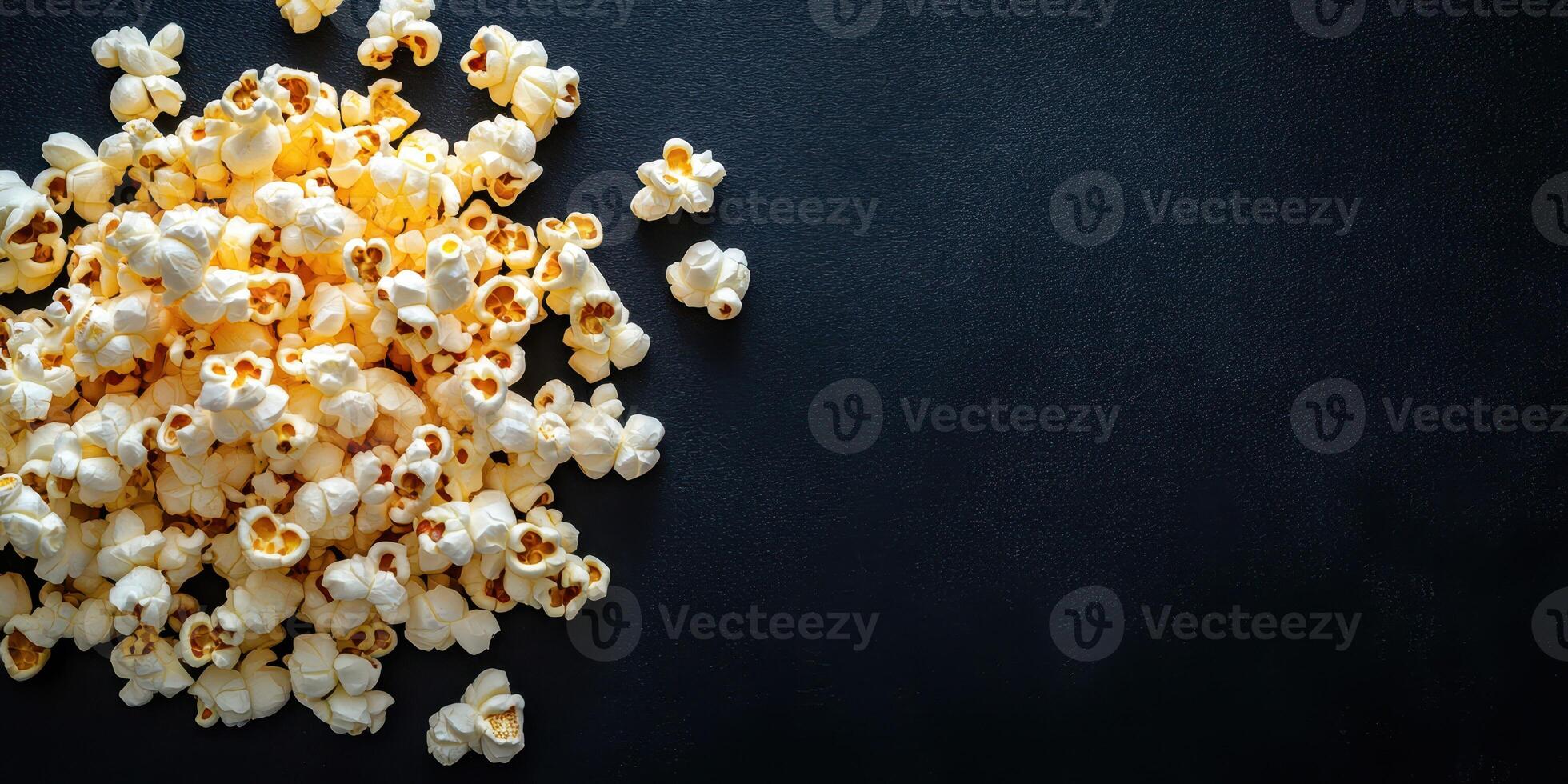 Popcorn scattered on a dark surface perfect for a movie night or snack photo