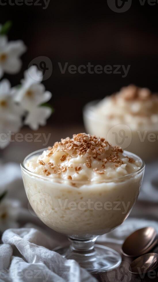 Delicious dessert featuring creamy pudding topped with crunchy nuts served in elegant glass bowls photo