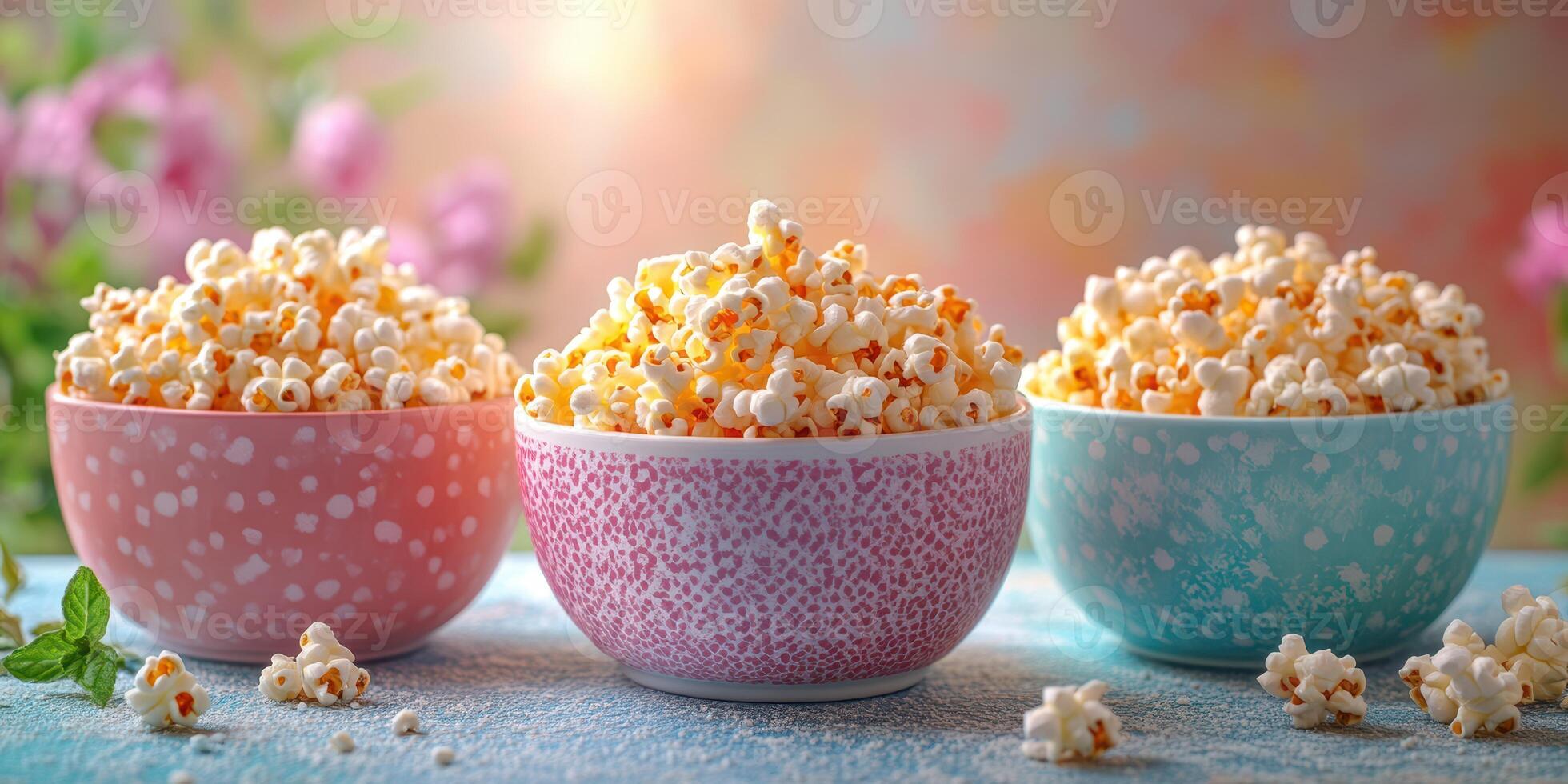 Popcorn in colorful bowls arranged on a surface surrounded by soft flowers in a serene setting photo
