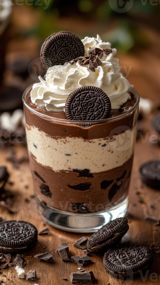Delicious layered dessert featuring chocolate mousse and whipped cream topped with cookie pieces at a cozy cafe photo