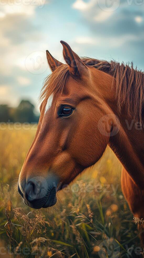 Brown horse grazing in a lush field under a cloudy sky during late afternoon photo