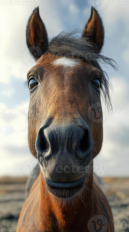 Close-up of a smiling horse in a natural landscape during a cloudy day photo