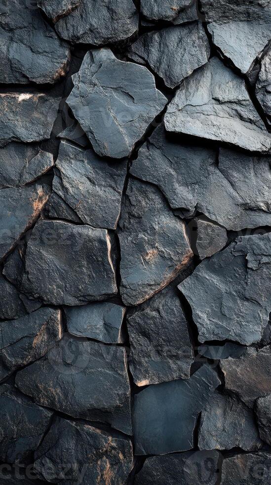 Textured black stones create a striking surface in a natural stone wall under soft lighting photo