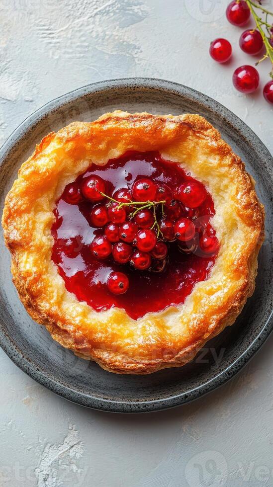 Freshly baked pastry filled with red currant jam and topped with ripe berries in a rustic presentation photo