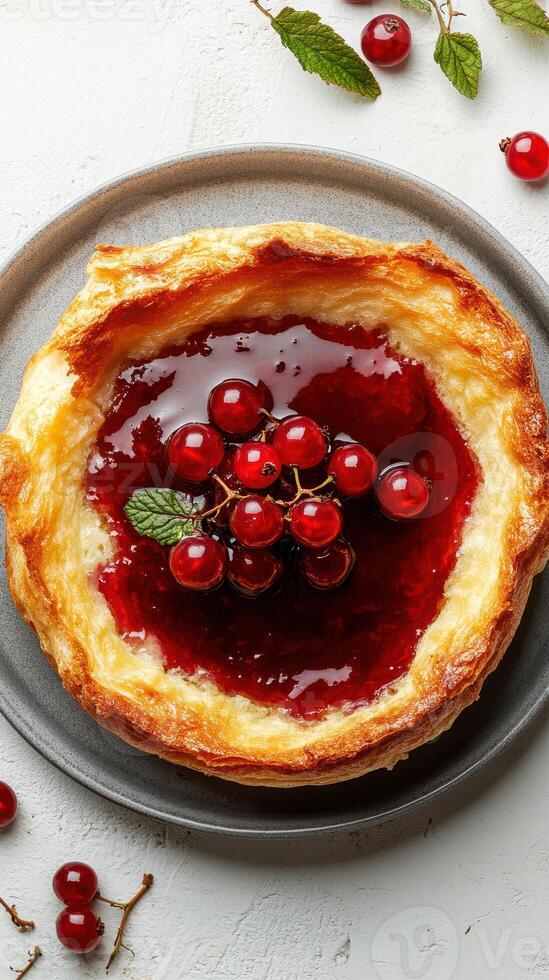 Homemade pastry tart topped with red currants and glossy fruit glaze on a rustic table photo
