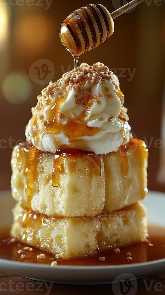 Delicious dessert with layers of sweet treats topped with honey and nuts served in a cozy dining setting photo