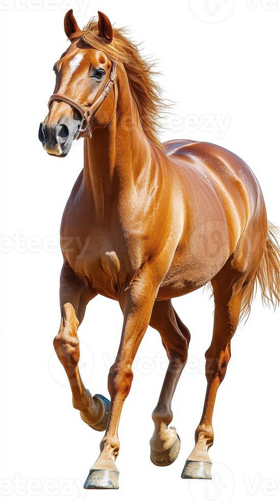 Running chestnut horse in a bright, open space during daylight photo