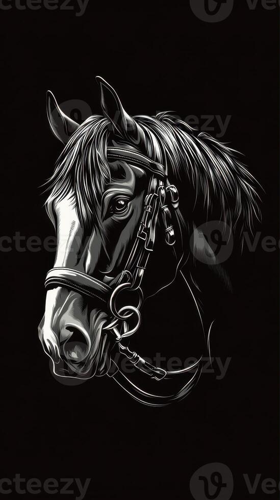 Majestic horse with a detailed bridle rendered in striking black and white illustration at dusk photo