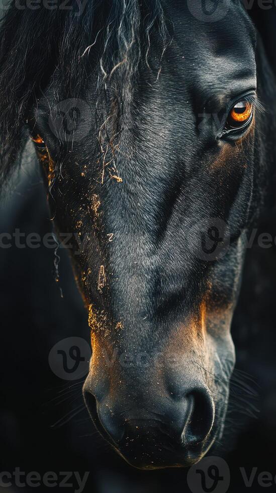 Black horse with striking amber eyes standing in a rustic environment during golden hour, showcasing beautiful coat texture and detail photo