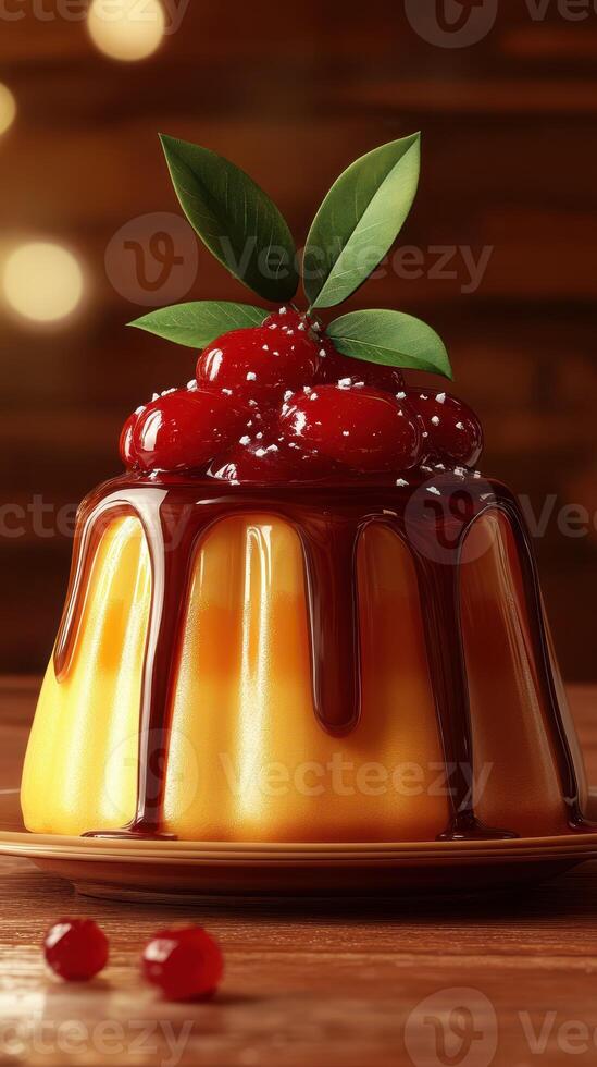 Delicious caramel flan dessert topped with cherries and mint leaves presented on a wooden table photo