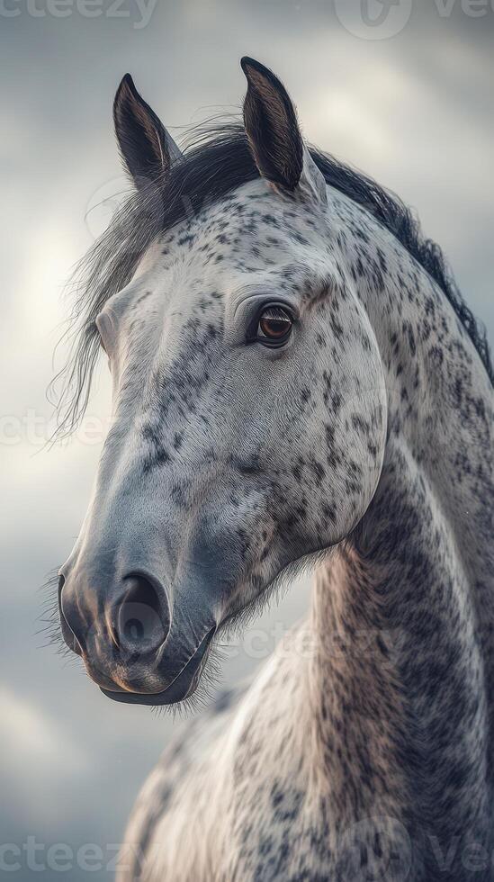 Beautiful speckled horse in soft natural light under a cloudy sky showcasing majestic features photo