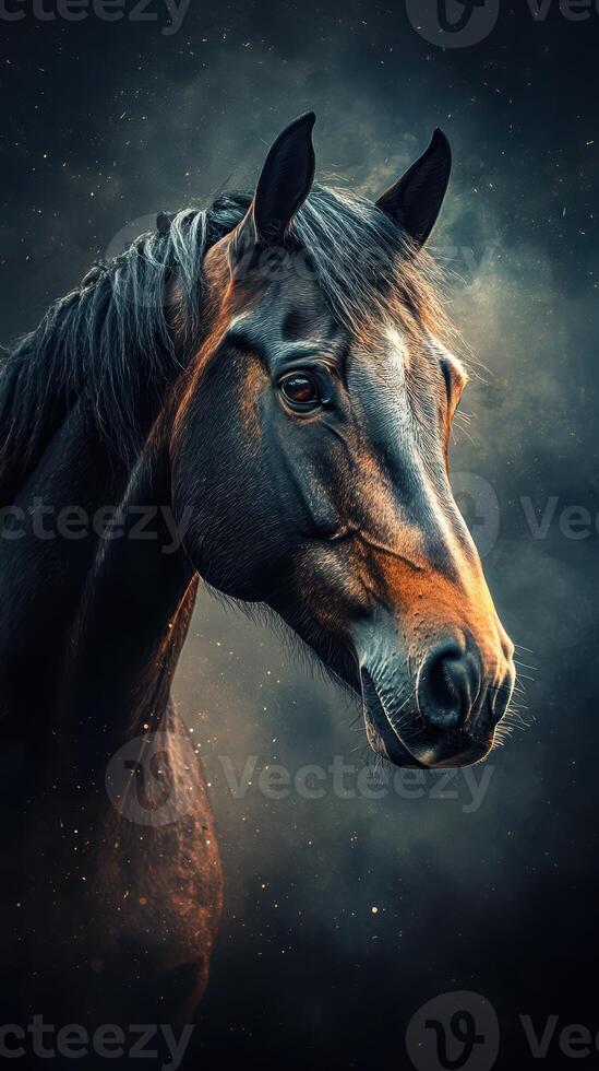 Majestic black horse captured in a stunning portrait against a dramatic dark backdrop with ethereal lighting photo
