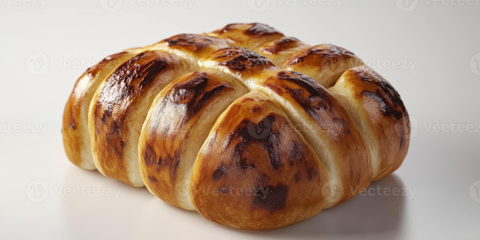 Freshly baked golden bread loaf with a crispy crust showcasing intricate patterns photo