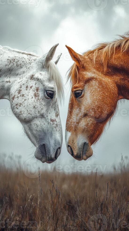 Horses sharing a moment of connection in a serene meadow under an overcast sky photo