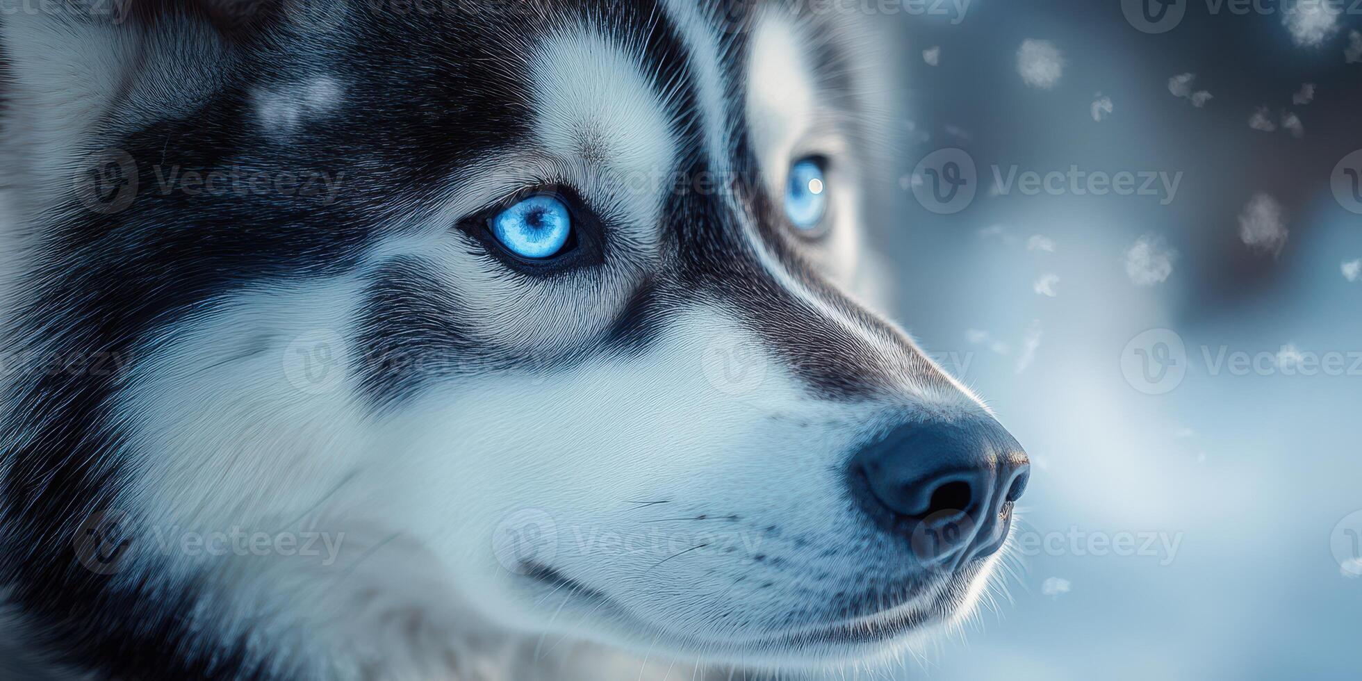 Siberian husky with striking blue eyes gazing thoughtfully in a snowy landscape during winter photo