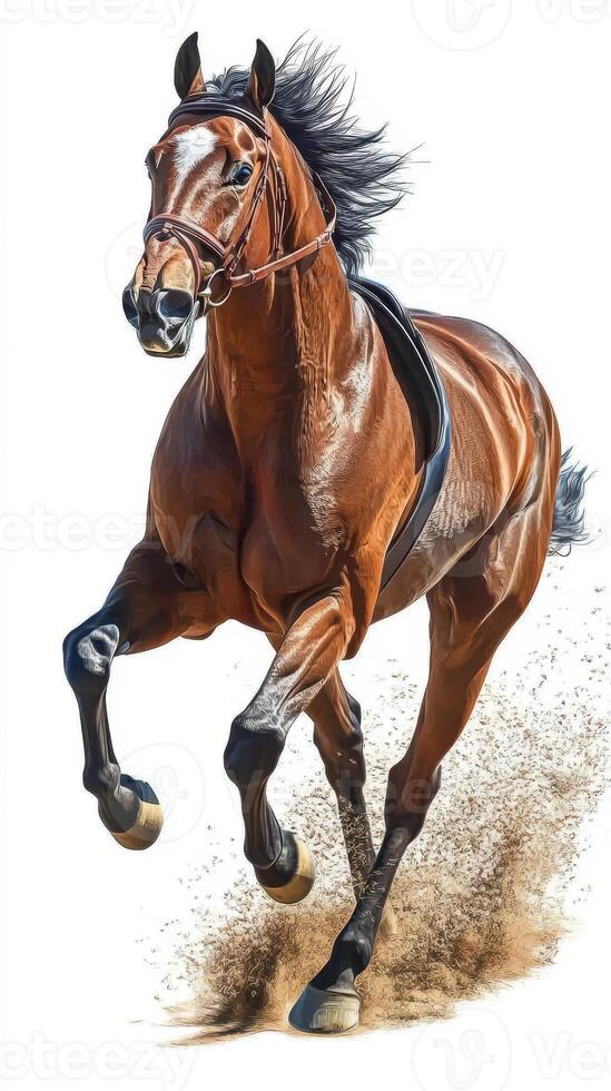 Capturing the power and grace of a galloping horse in motion on a sandy surface photo