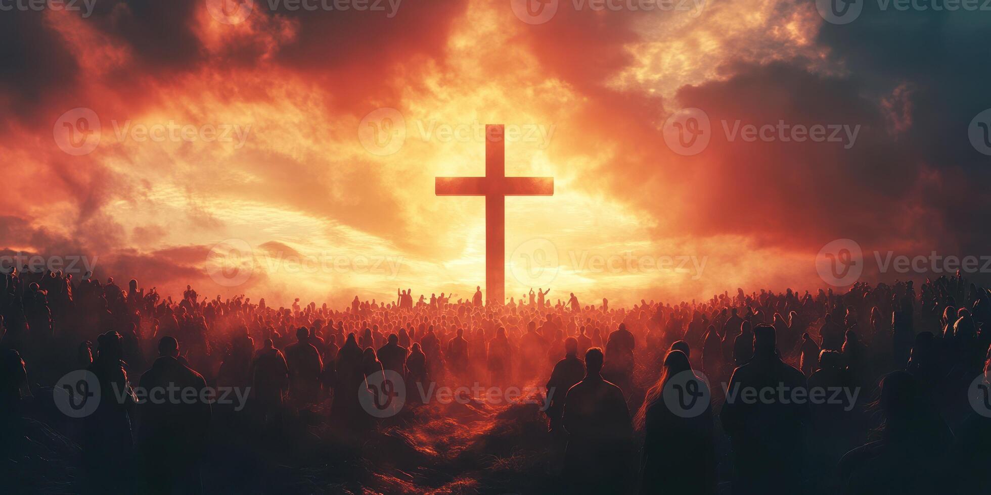 Crowds gather before a large cross at sunset in a spiritual gathering expressing faith and unity photo
