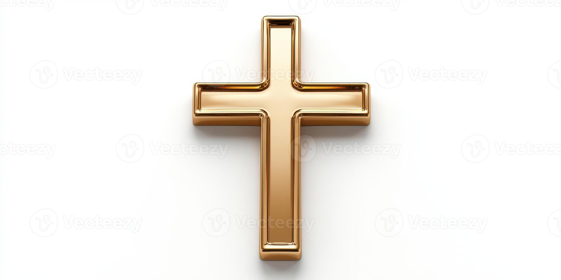 Reflective golden cross rests on a clean white surface, symbolizing faith and spirituality in a minimalist style photo