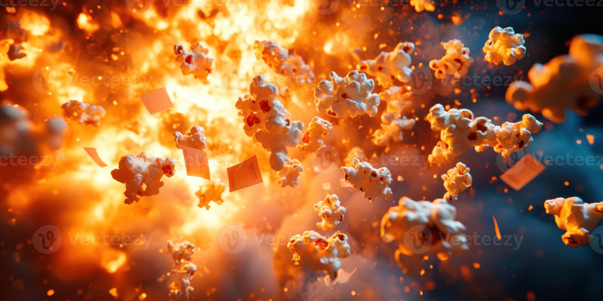 Explosive popcorn bursts into the air during a dramatic cinematic moment at a film event photo