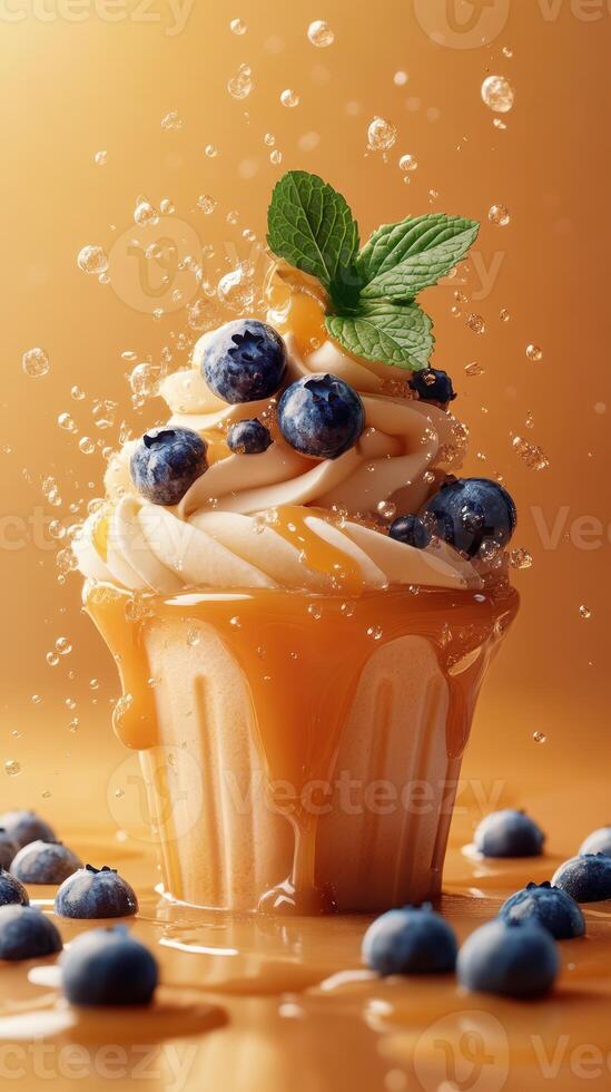 Delicious dessert features creamy soft serve with blueberries and caramel sauce in an inviting summer setting photo