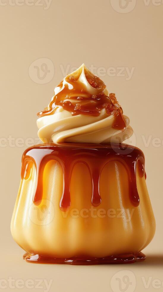 Caramel custard dessert with cream topping and drizzle served in a minimalist setting photo
