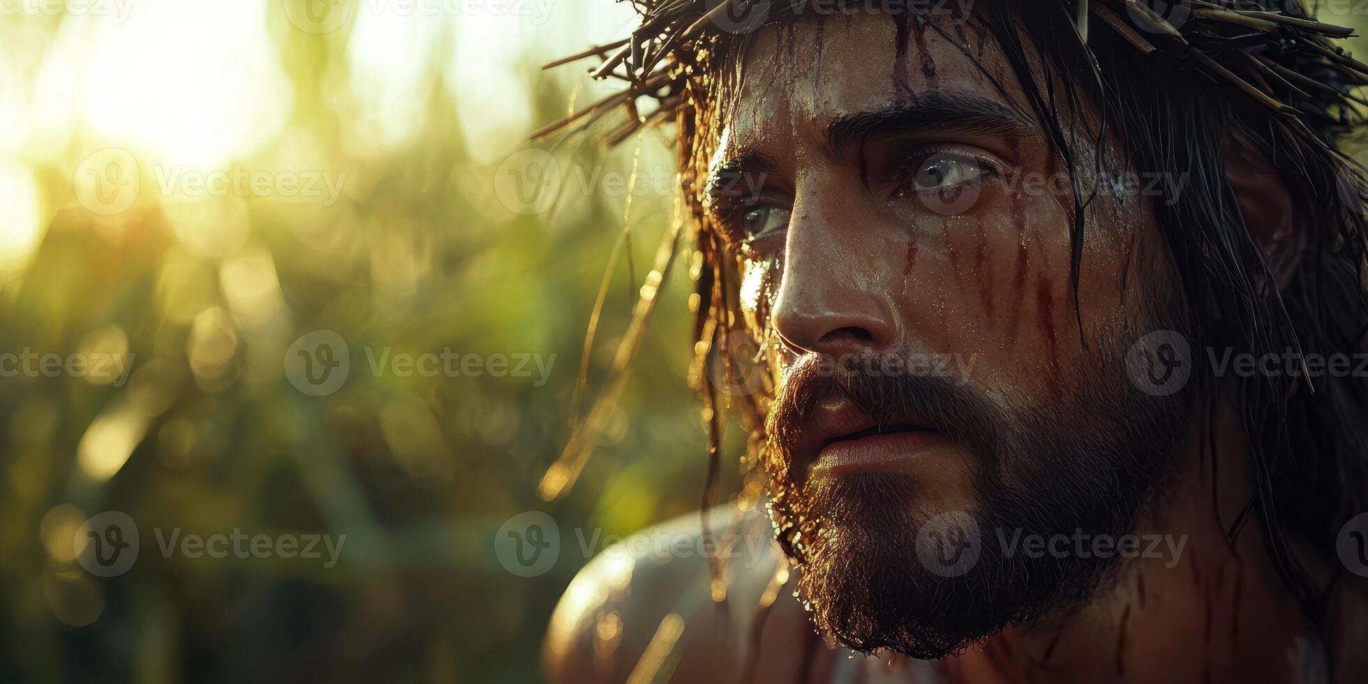 Depiction of a man with a crown of thorns reflecting deep emotions in a sunlit field photo