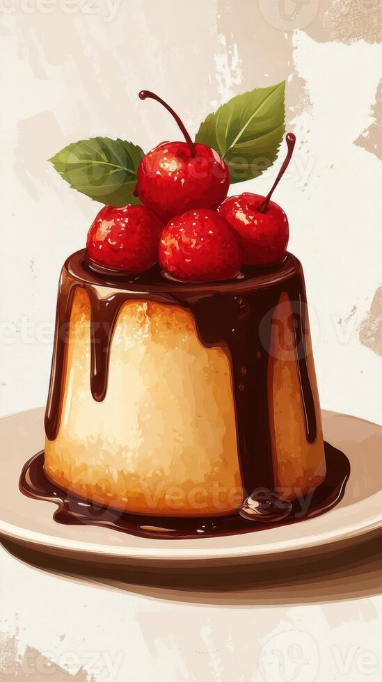 Delicious dessert with rich chocolate sauce and fresh cherries on a plate photo