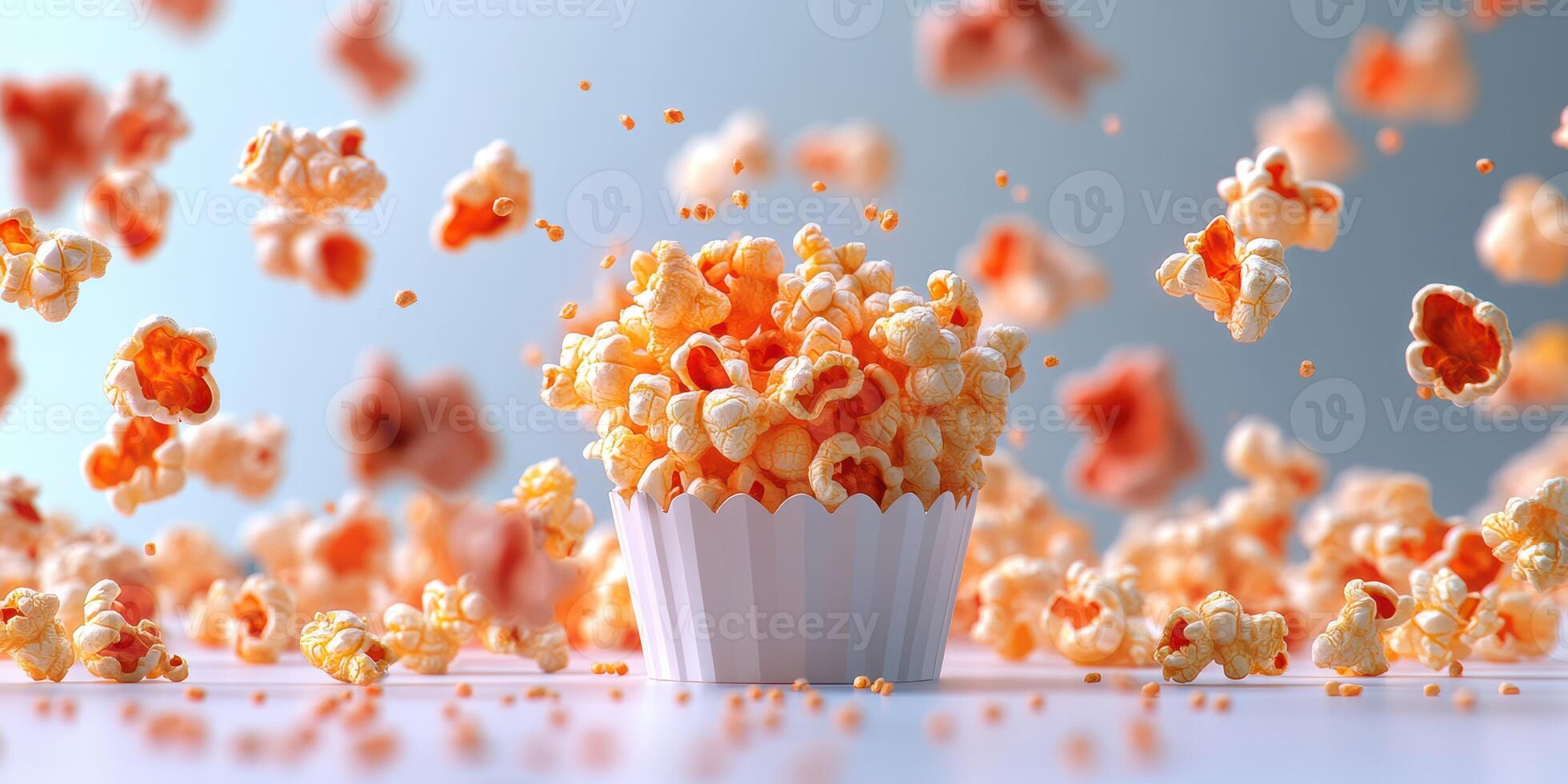 Popcorn flying in the air with a white container filled with freshly popped kernels in a bright setting photo