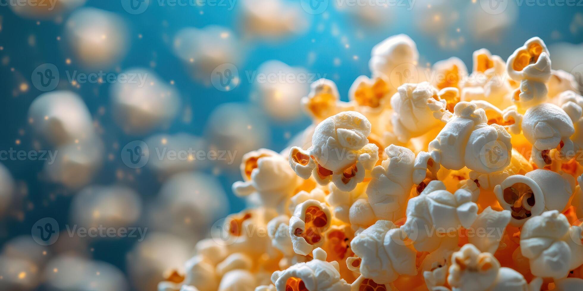 Close-up view of freshly popped popcorn showcasing texture and details in bright blue lighting photo