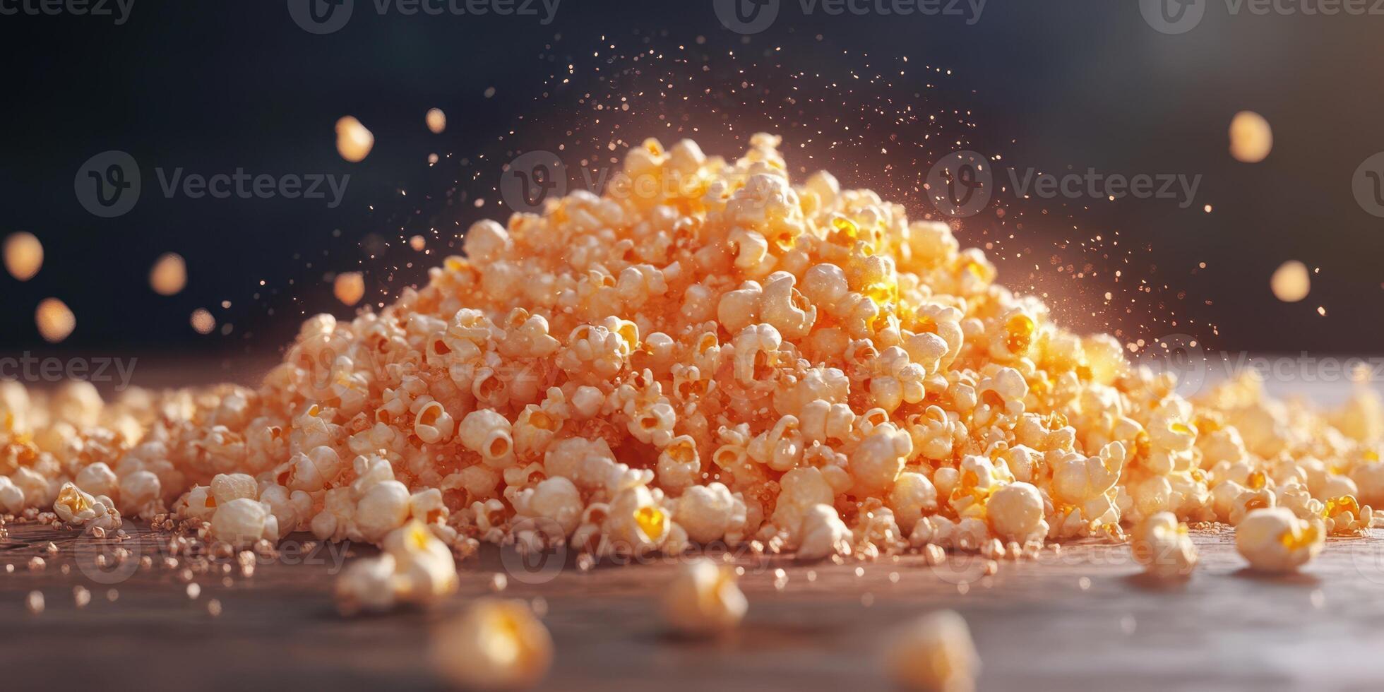 Delicious popcorn piled high on a wooden surface with light reflecting and creating a sparkling effect photo