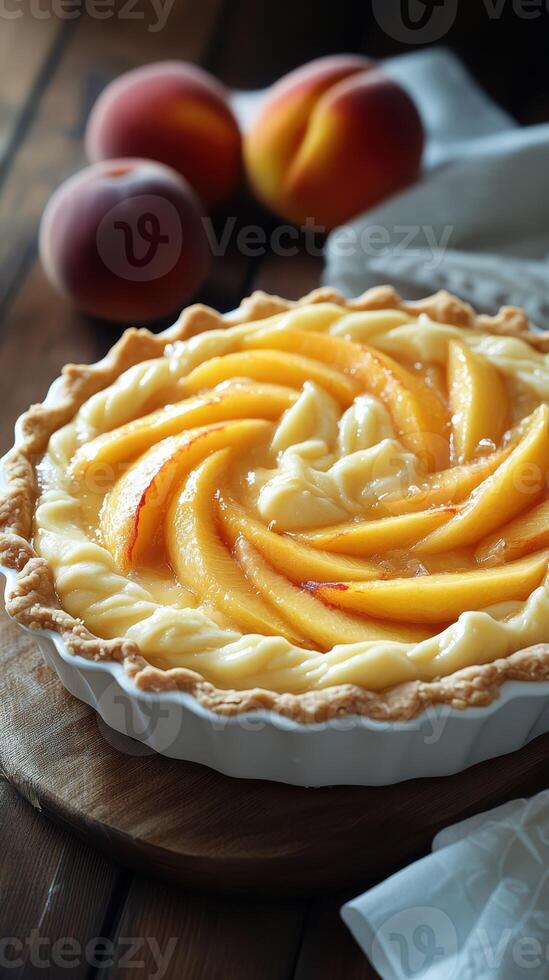 Delicious peach pie freshly baked with creamy filling and garnished with ripe peach slices on a rustic wooden table photo