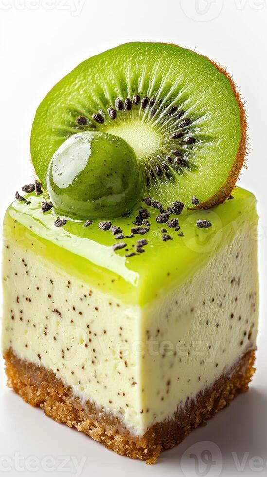 Delicious kiwi cheesecake dessert with a glossy green glaze and crunchy crust displayed on a white background photo