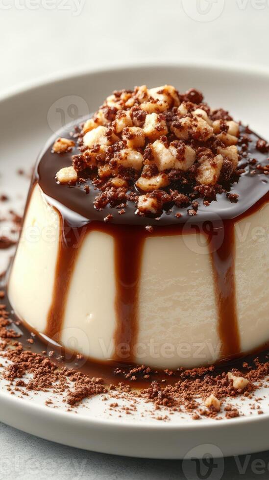 Creamy dessert topped with chocolate sauce and crushed nuts served on a plate photo