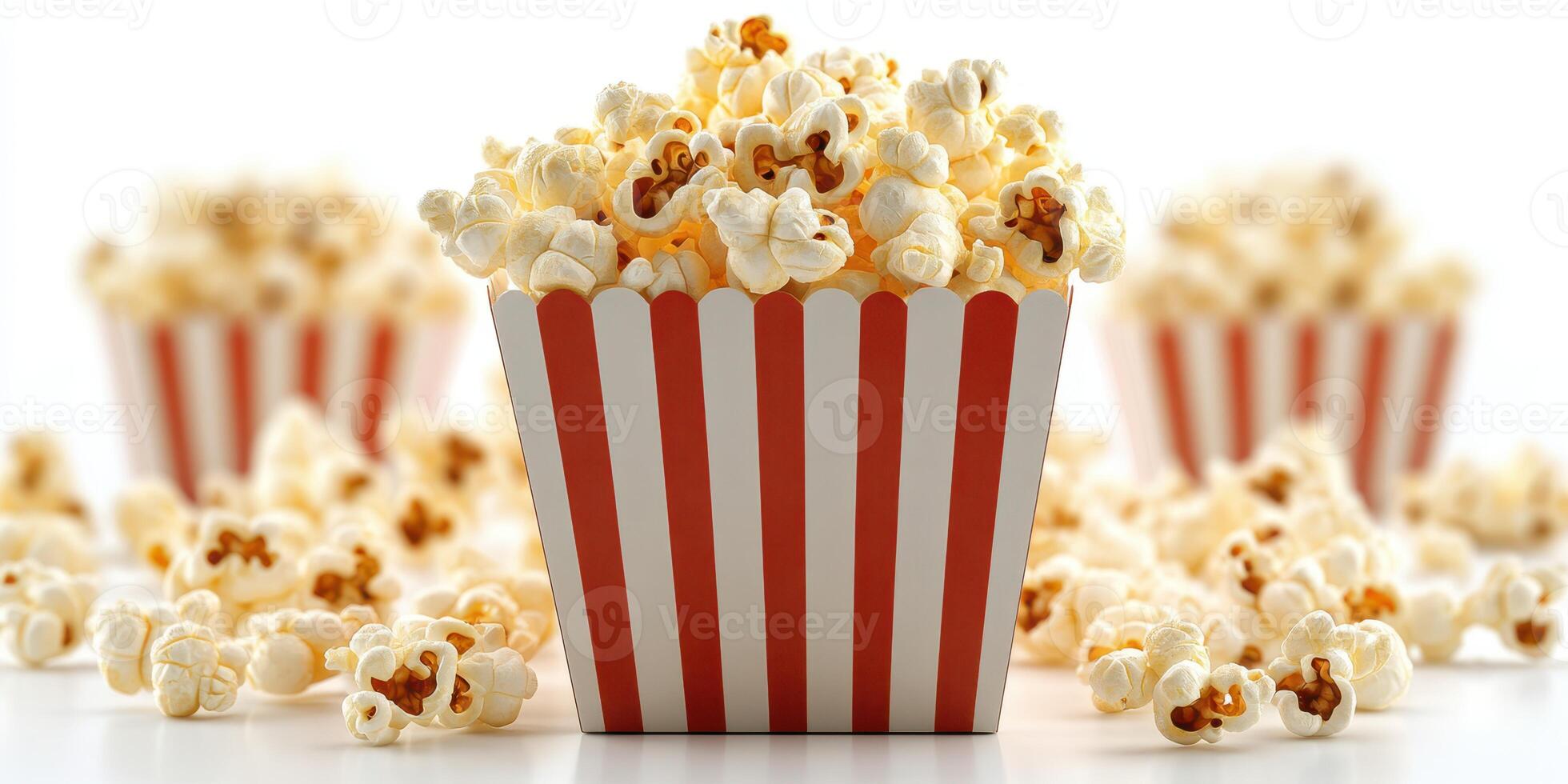 Freshly popped popcorn in striped containers displayed on a light background for a movie night experience photo