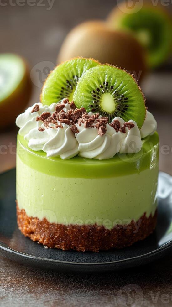 Delicious green mousse cake topped with kiwi slices and chocolate shavings on a dark plate photo