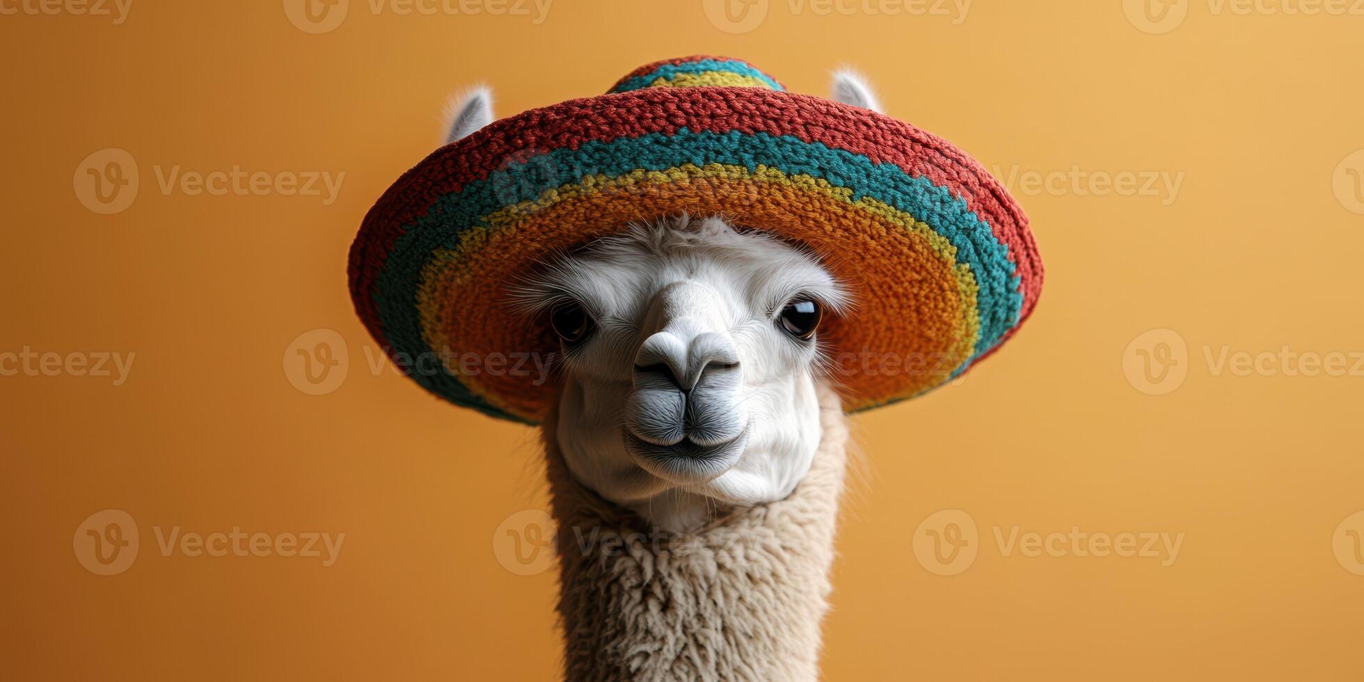 Llama wearing a colorful sombrero against a vibrant orange background in a playful and cheerful setting photo