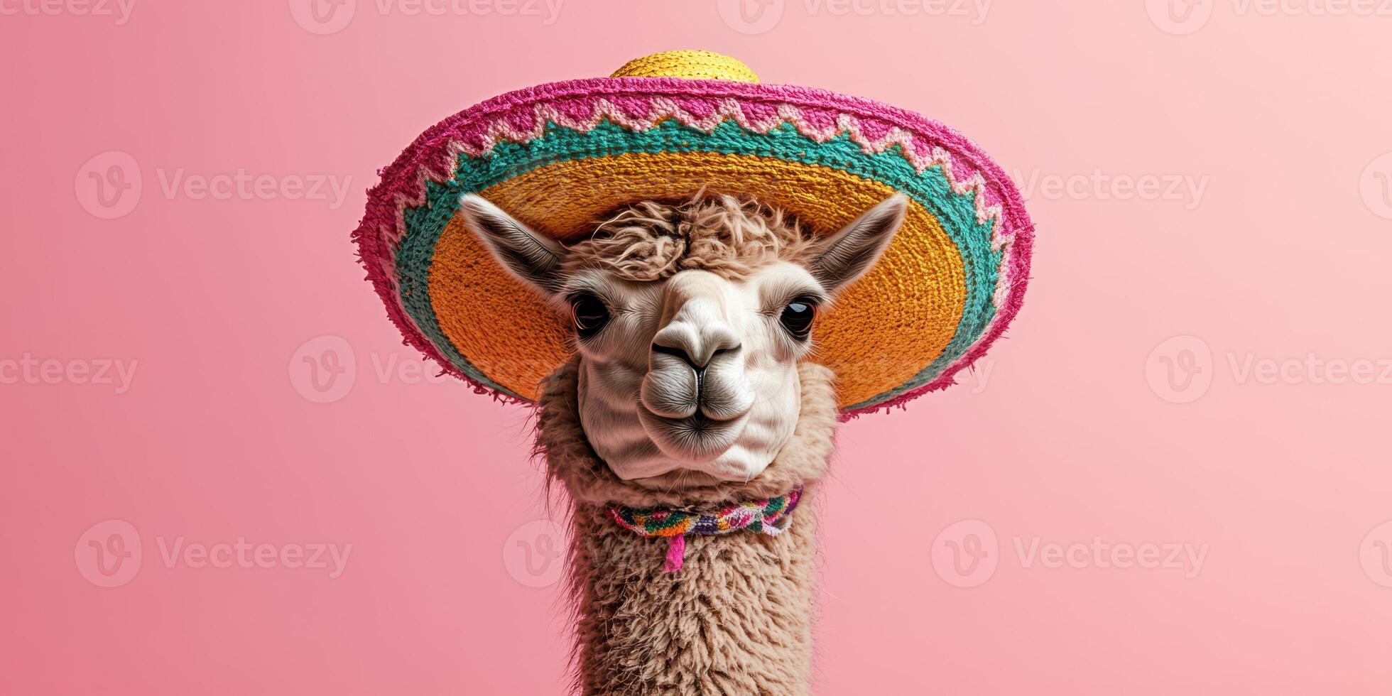 Llama wearing a colorful sombrero poses against a pink background with a playful expression photo