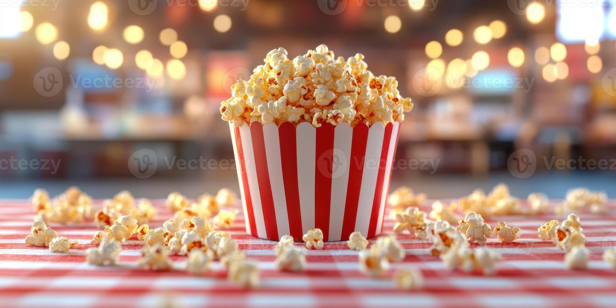 Popcorn in a striped container sits on a checkered table, illuminated by warm lights in a bustling venue photo